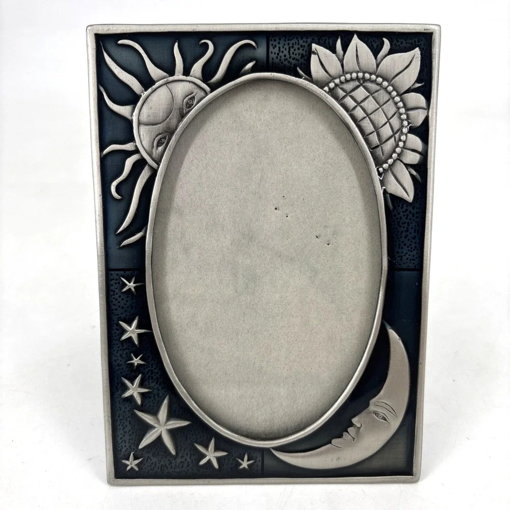 Vintage 90s Celestial Blue and Pewter Sun & Moon Stars Picture Frame Whimsigoth